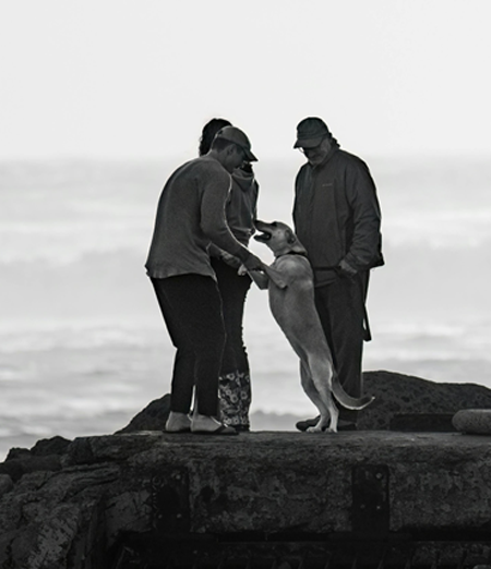 3 gioiose con un cane, con sfondo il mare.